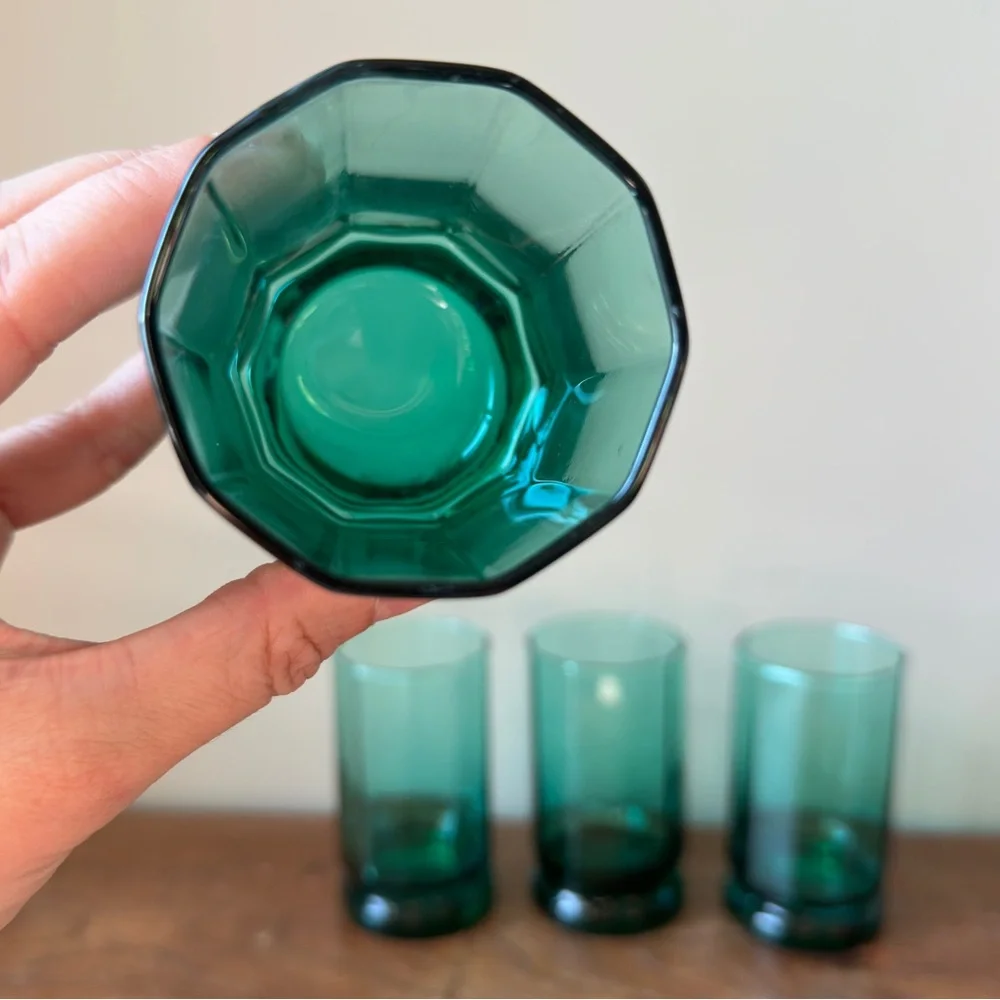 Anchor Hocking Essex Sea Glass Green Glasses Set of 4 Hexagon Tumblers Cups MCM